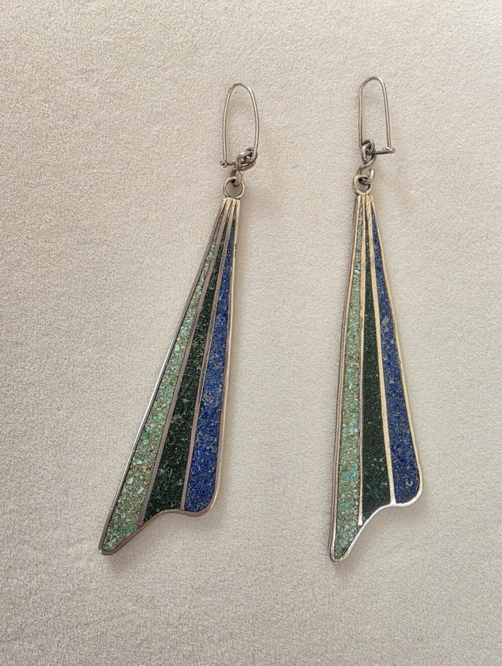 Artisan Blue Green Stone Inlay Long Dangle Earring • Silver Hook • 5.80g
